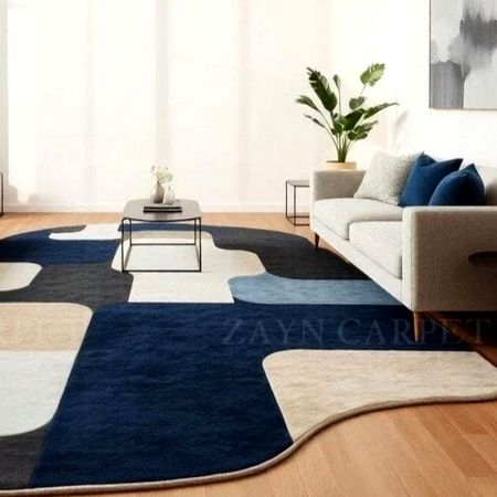 Handcrafted Blue Grey Abstract Modern Living Rug